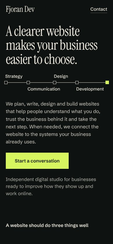 The same Fjoran Dev homepage on a phone