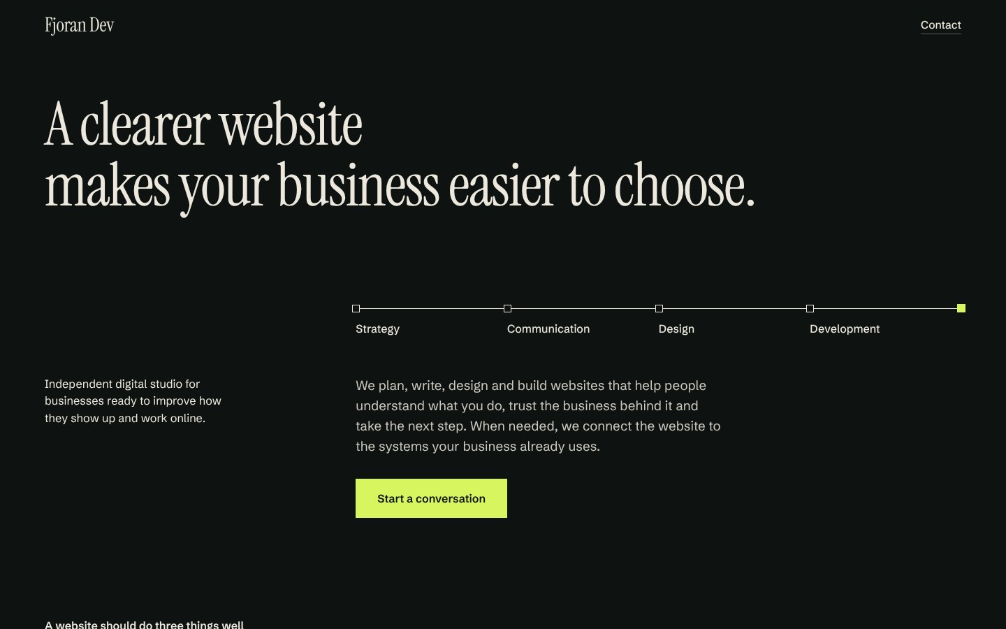 Fjoran Dev homepage on desktop: A clearer website makes your business easier to choose.